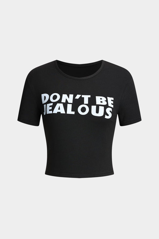 Braelyn™ | Schwarz Kurzarm Cropped T-Shirt mit "Wees Niet Jalours"-Print